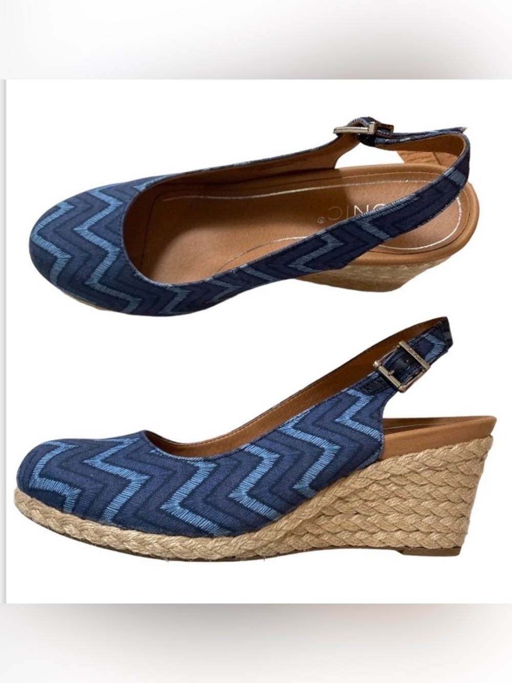 Vionic Blue Chevron Slingback Wedge Espadrilles Size 8